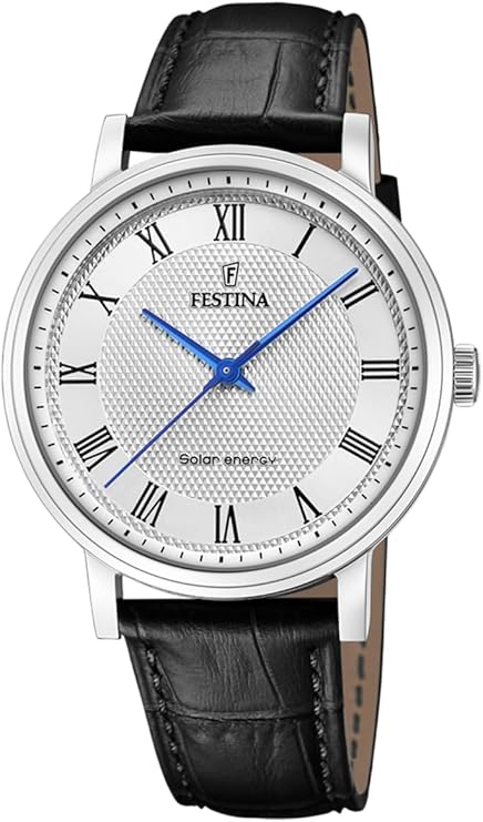 Festina Solar-herrklocka med silverfärgad urtavla, romerska siffror och svart läderarmband