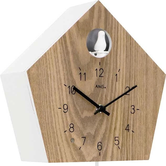 AMS Wanduhr 22x22x8 cm Holz • Kuckucksruf mit Nachtabschaltung • Modernes Eiche-Weiß-Design