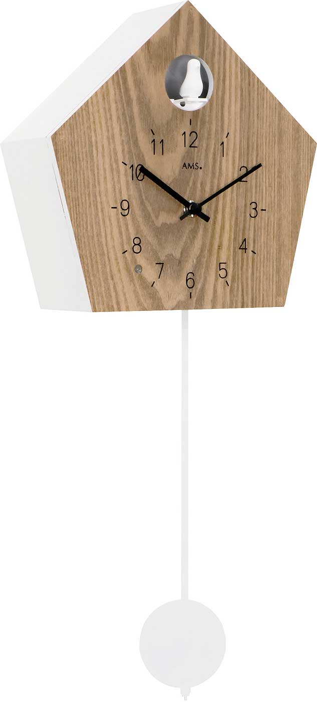 AMS Wanduhr 22x22x8 cm Holz • Kuckucksruf mit Nachtabschaltung • Modernes Eiche-Weiß-Design