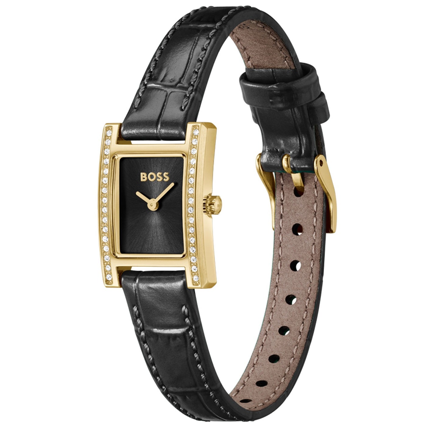 BOSS Armbanduhr mit goldfarbenem Gehäuse, Steinbesatz und verstellbarem Lederband