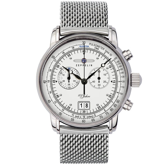 Silberne Herrenarmbanduhr mit weißem Zifferblatt, Chronographenzählern und Metall-Mesharmband