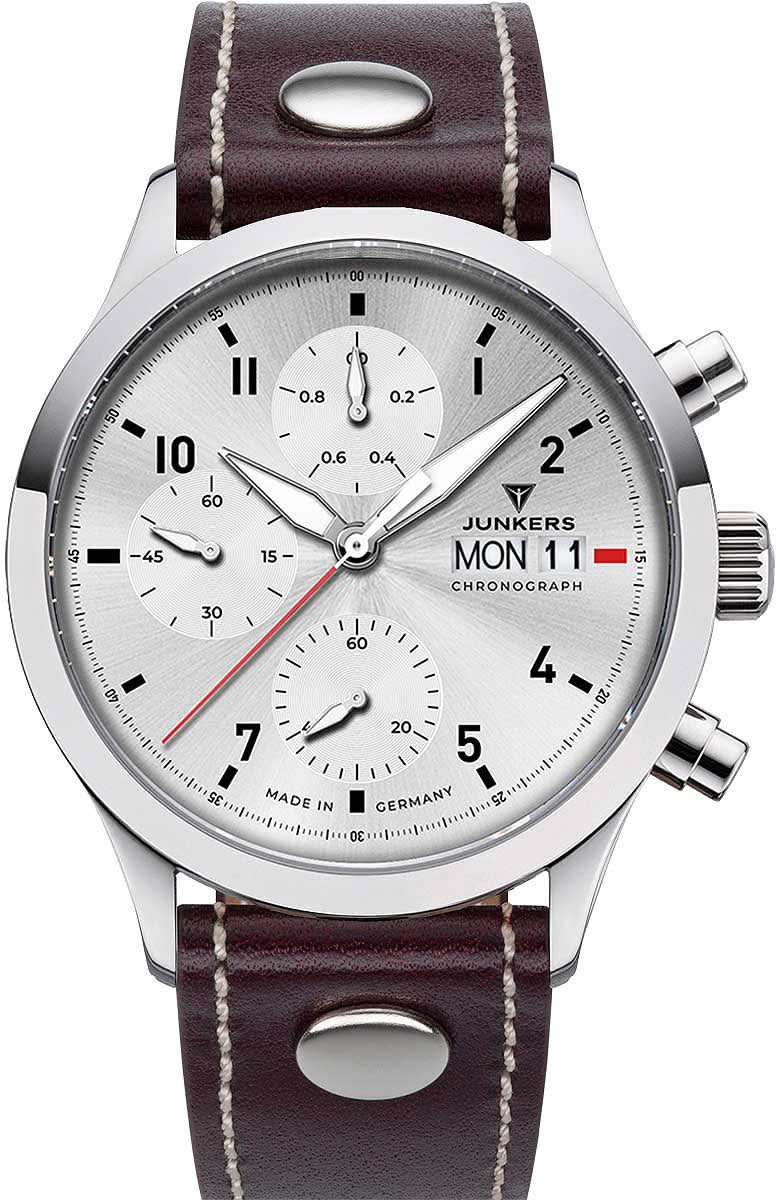 Junkers Herrenuhr mit silbernem Chronograph-Zifferblatt und dunkelbraunem Lederarmband
