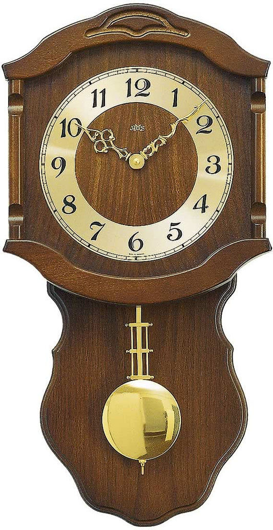 AMS Wanduhr 50x27x8 cm Nussbaumholz • Echtes Nussbaumholz • Quarzwerk mit Pendel