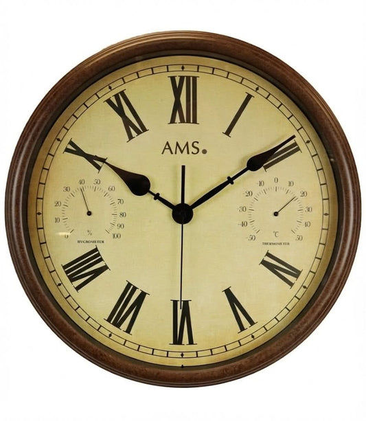 AMS Wanduhr 42 cm Ø Metall • Wetterfest • Mit Thermometer & Hygrometer