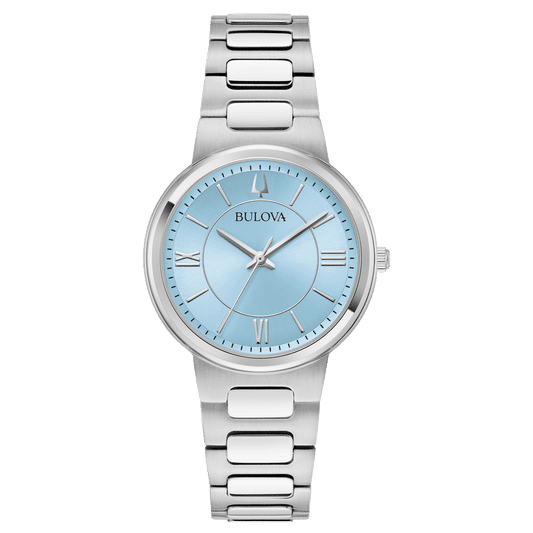 Bulova Damenarmbanduhr: blaues Zifferblatt, römische Indexe, Edelstahlarmband