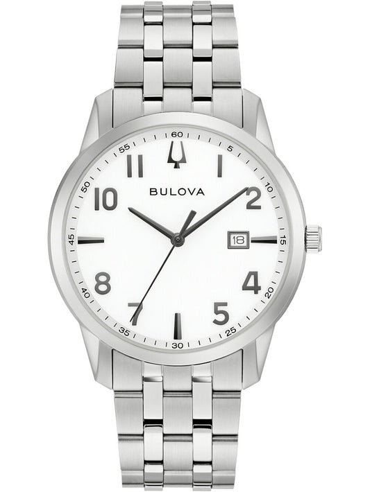Herren-Armbanduhr von Bulova mit weißem Zifferblatt und silbernem Metallarmband