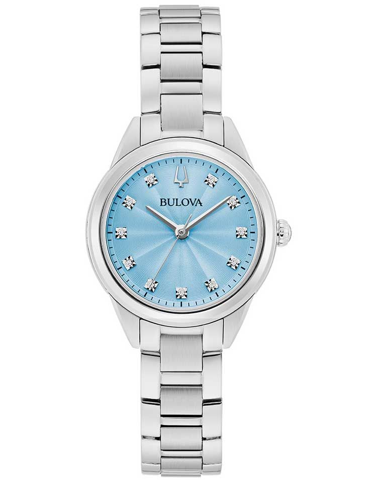 Zegarek damski Bulova: jasnoniebieska tarcza, bransoleta ze stali szlachetnej, szafirowe szkło, 11 diamentów