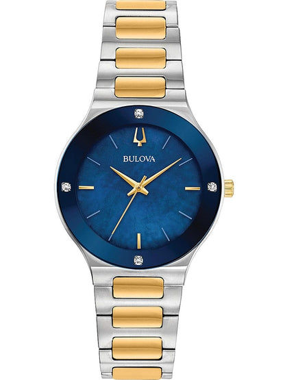 Bulova Futuro Millennia 98R273 Damenuhr Blau • Vier Diamant-Akzente • Zweifarbiges Quarzwerk-Modell