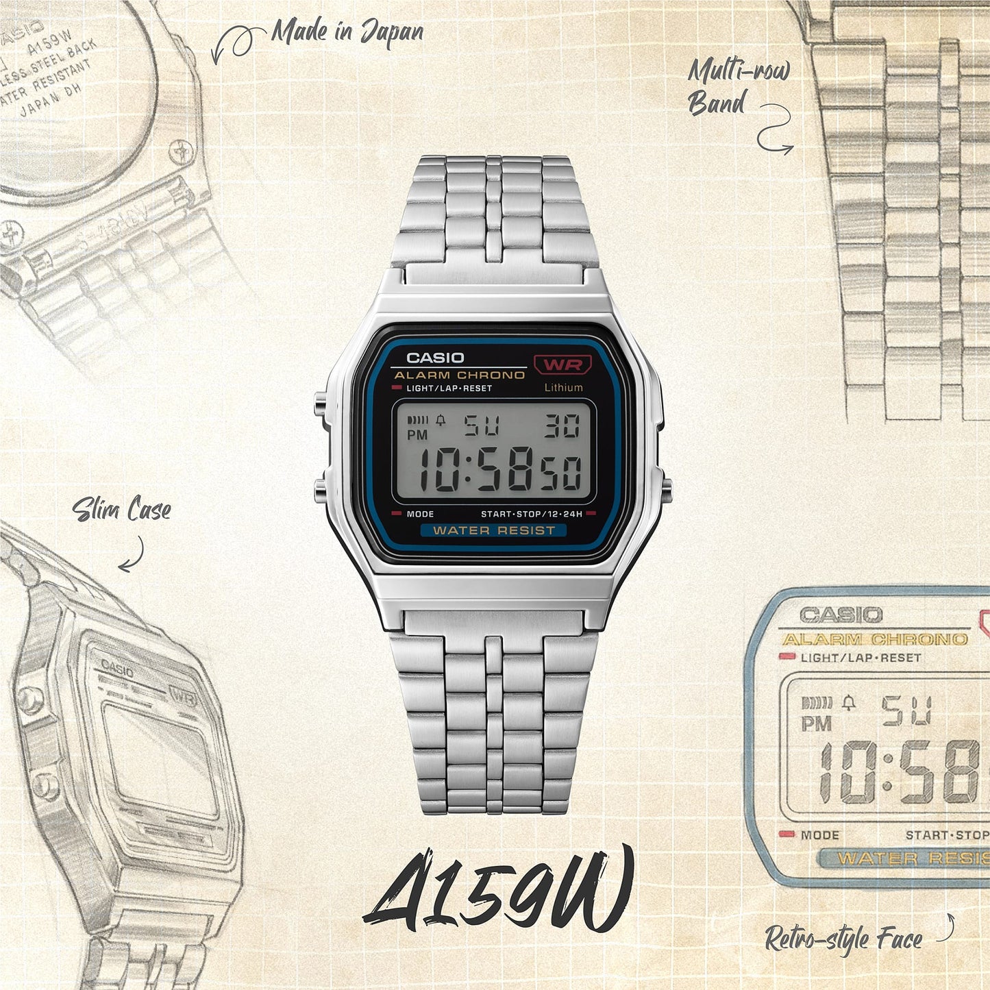 Casio Vintage A159WE-1EF Armbanduhr Silber • Edelstahlarmband • LED-Beleuchtung, Bild 3