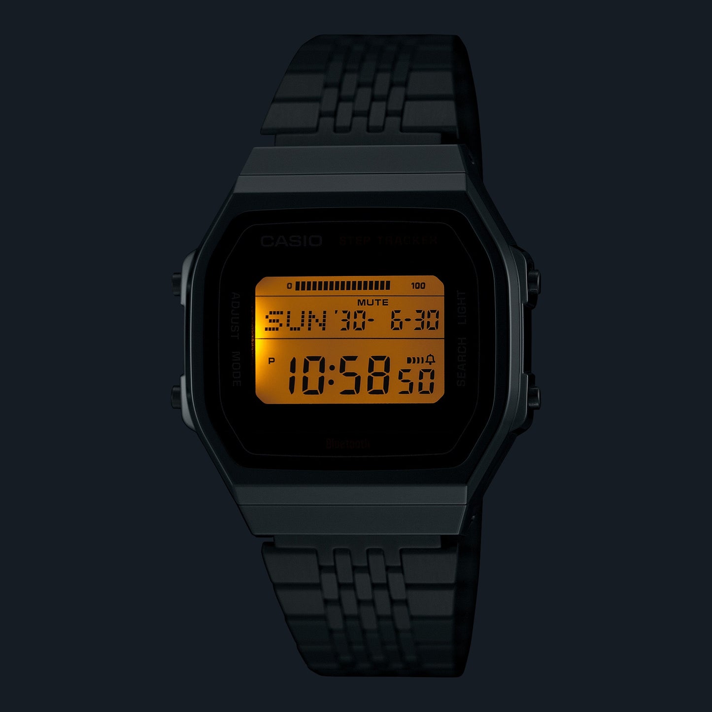 Casio Vintage Armbanduhr mit schwarzem Band und schwarzem Gehäuse, orange Display