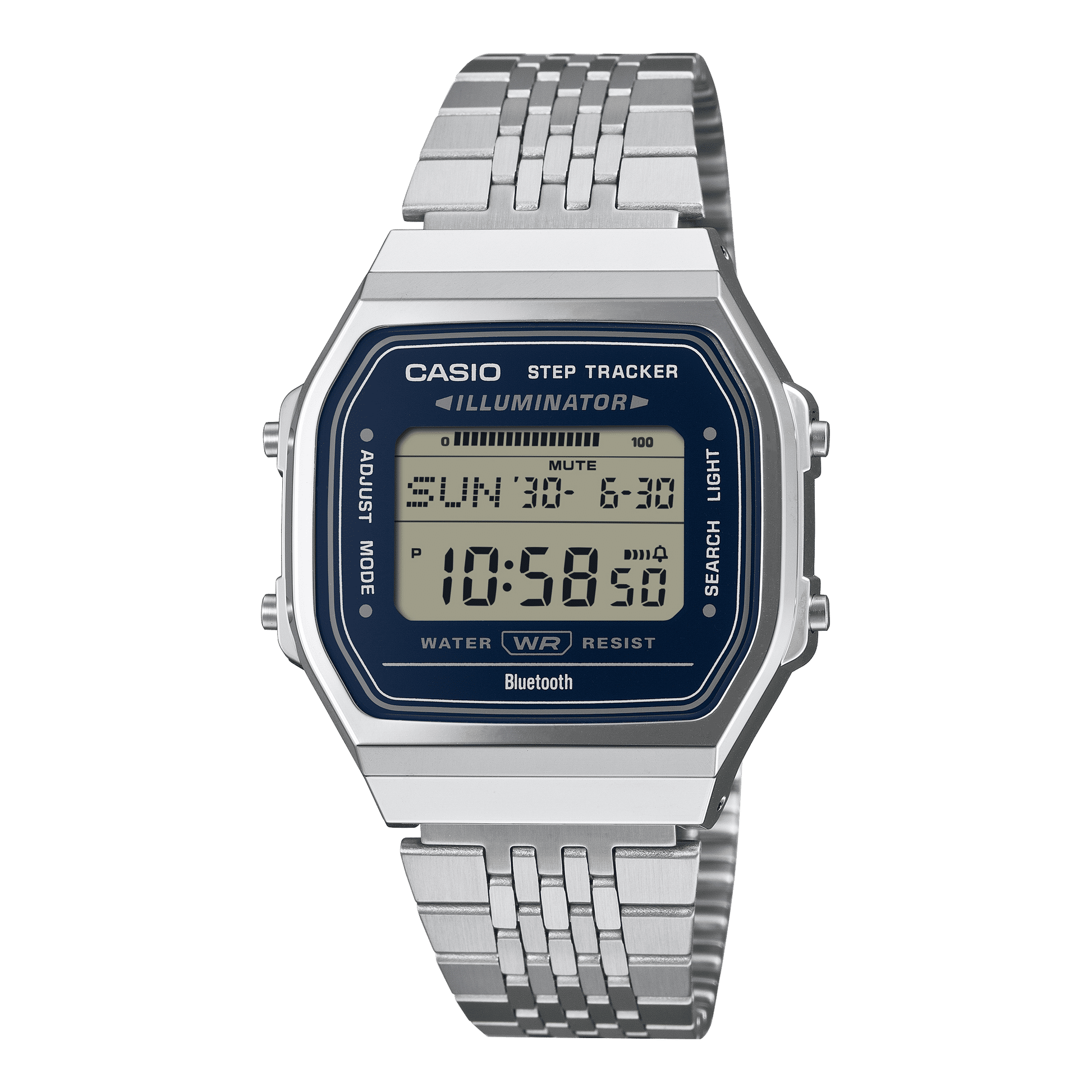 Casio Vintage ABL-100WE-2AEF Armbanduhr mit silbernem Edelstahlband, blau beleuchtetes Display