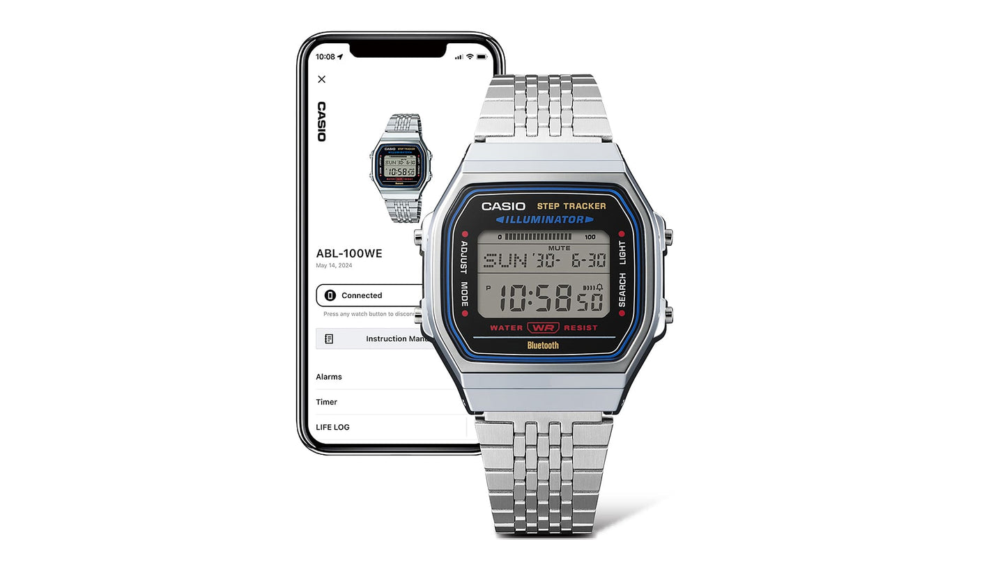 Casio Vintage ABL-100WE-2AEF Armbanduhr mit silbernem Metallband und Smartphone-Ansicht