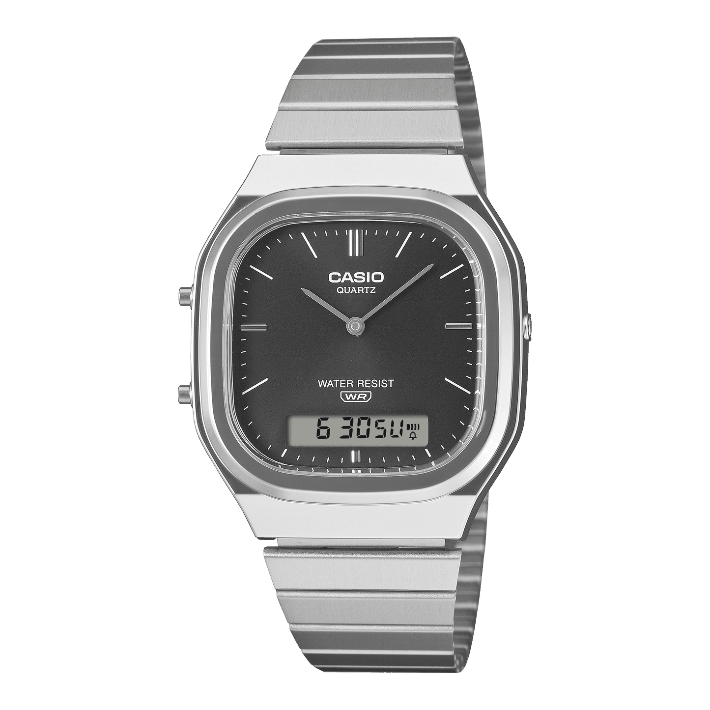 Casio Vintage Armbanduhr, schwarzes Zifferblatt, digitale Anzeige, Edelstahlarmband