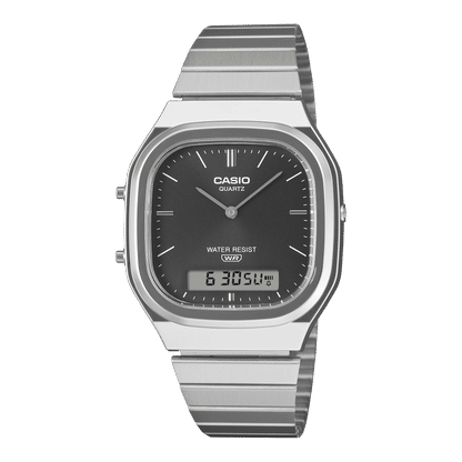 Casio Vintage Armbanduhr, schwarzes Zifferblatt, digitale Anzeige, Edelstahlarmband