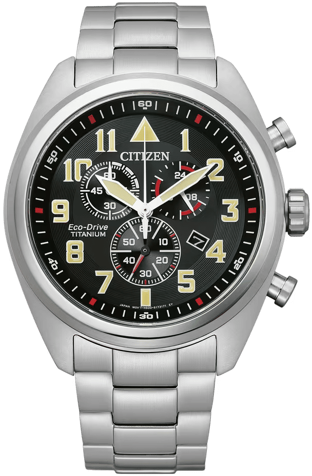 Citizen Herrenuhr mit silbernem Gehäuse, schwarzem Zifferblatt, goldenen Indexen und Chrono-Subdials