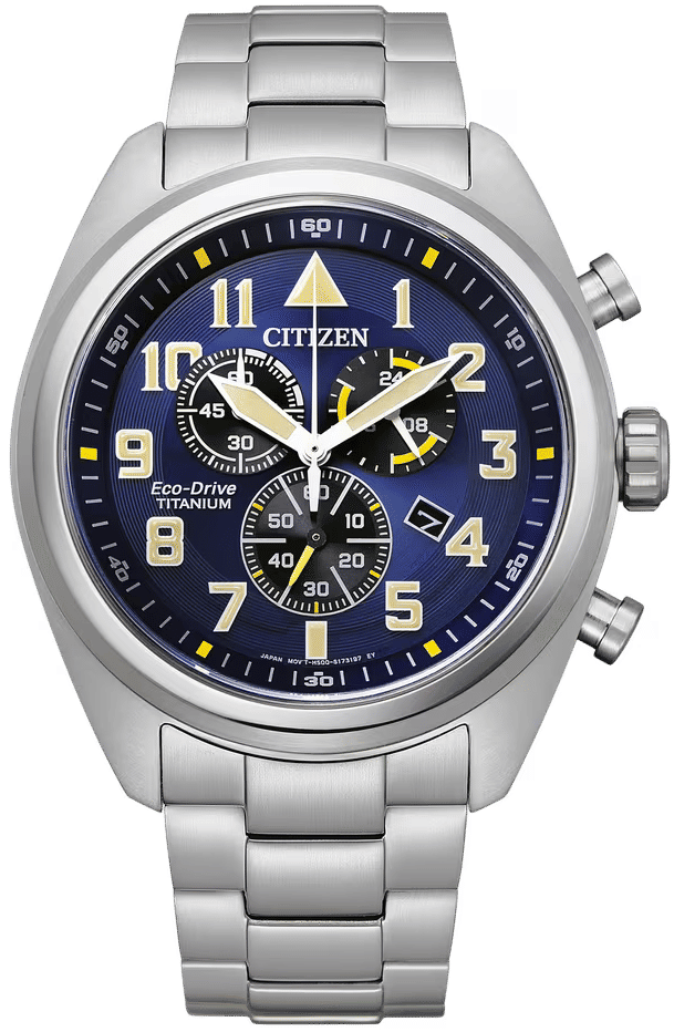 Citizen Herrenuhr mit Super Titanium Armband, rundem blauem Zifferblatt, Chronograph.