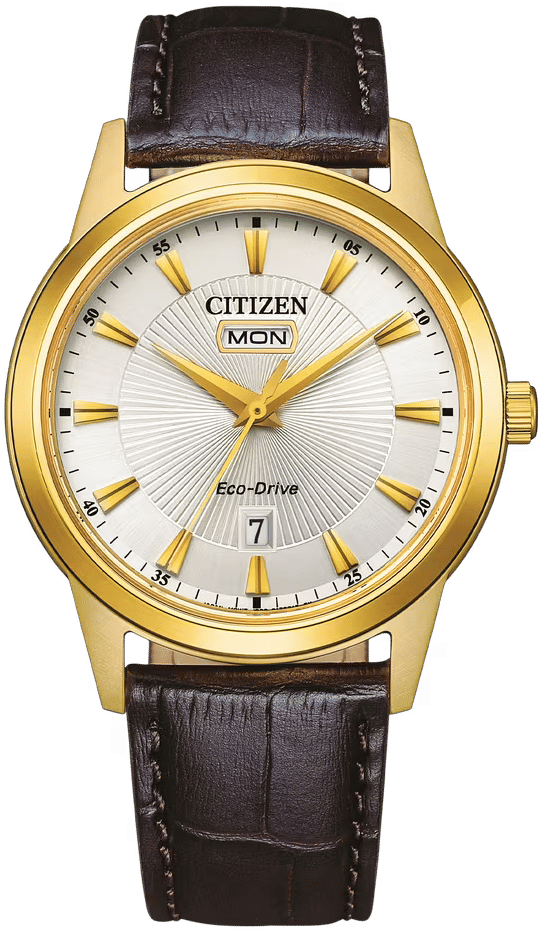 Citizen Herren SolarUhr mit goldfarbenem Gehäuse, weißem Zifferblatt und braunem Lederarmband