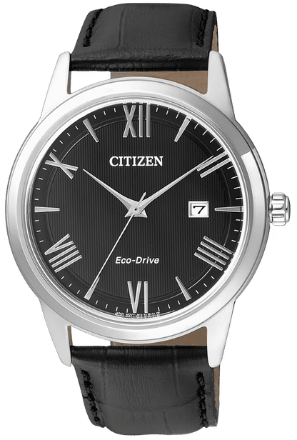 Herrenuhr Citizen mit schwarzem Zifferblatt, silbernem Gehäuse und dunklem Lederarmband