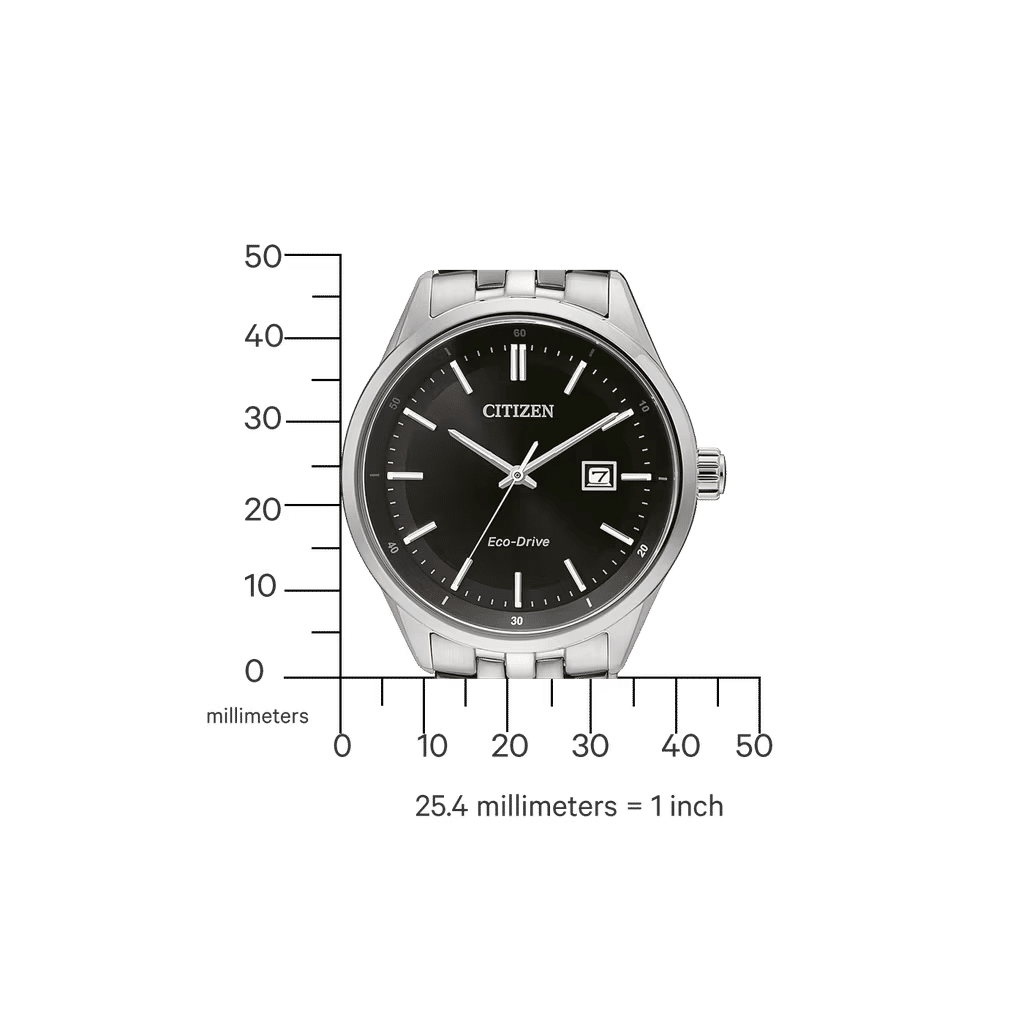 Citizen Eco-Drive Herrenuhr mit rundem silbernem Gehäuse, schwarzem Zifferblatt und Edelstahlband