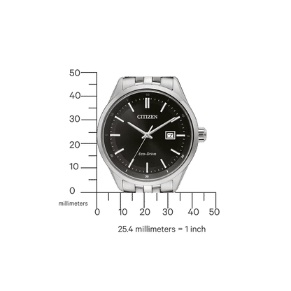 Citizen Eco-Drive Herrenuhr mit rundem silbernem Gehäuse, schwarzem Zifferblatt und Edelstahlband