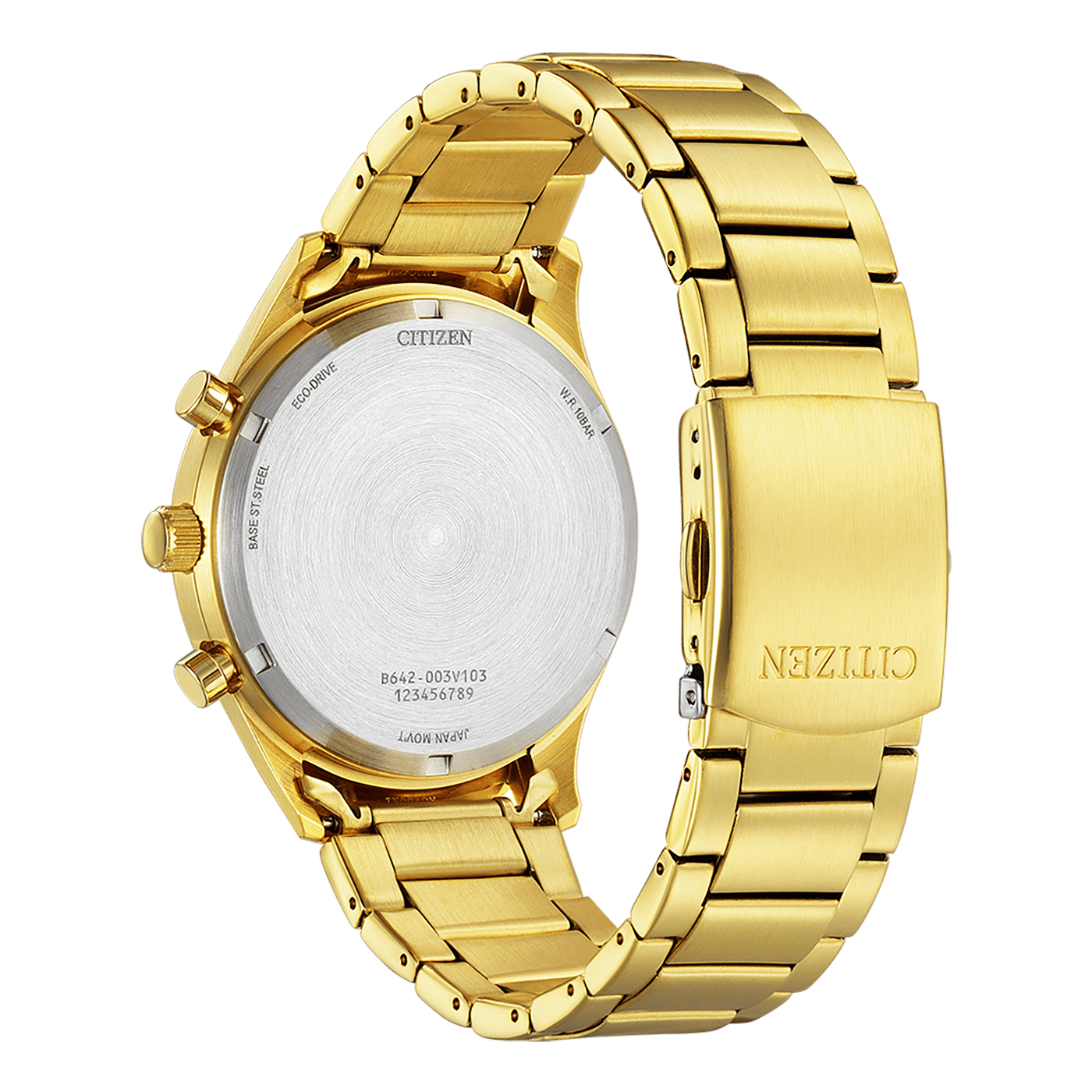 Goldfarbene Rückseite einer Herrenuhr mit Metallarmband, silbernes Gehäusefenster