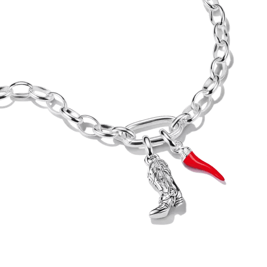 Gliederkette mit silbernem Charm-Anhänger und rotem Cornicello