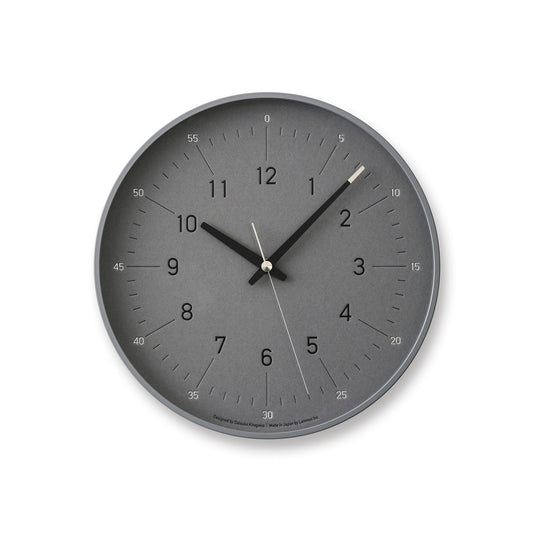 Grau Wanduhr mit rundem Ziffernblatt, schwarzen Zeigern und klarer Skalierung