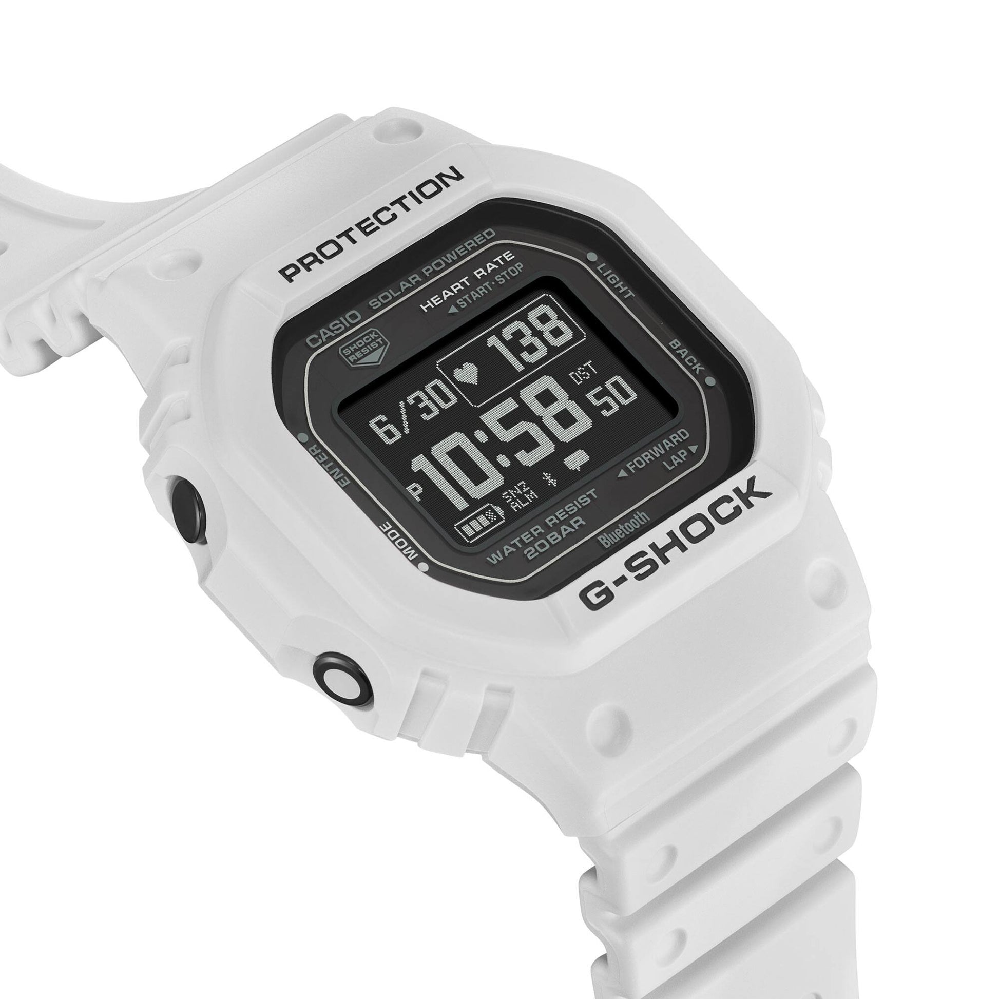 Casio G-SHOCK Herrenuhr schräg von oben, weißes Gehäuse mit Display