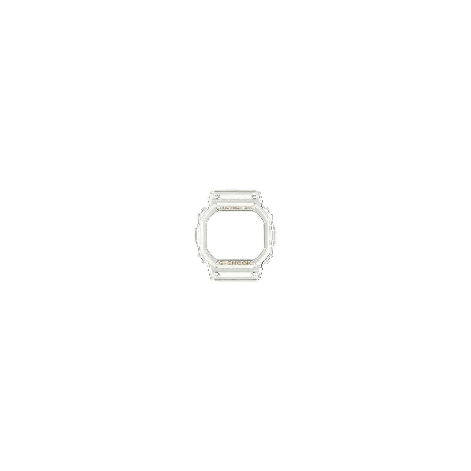 Weiße G-SHOCK Uhr mit PROTECTION-Aufdruck auf dem Gehäuse