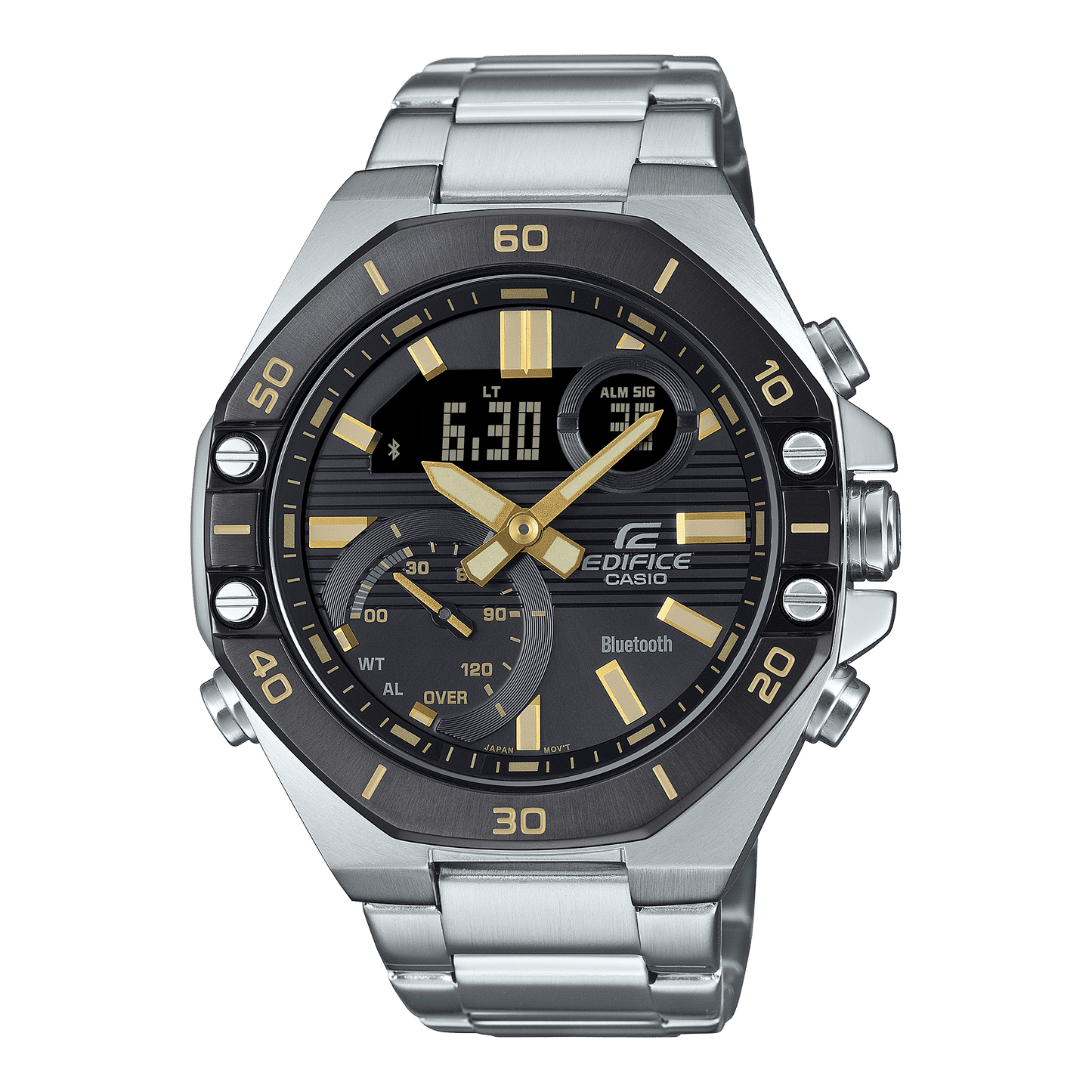 Herrenarmbanduhr, schwarzes Zifferblatt mit Funktionsanzeigen, goldene Zeiger, Edelstahlarmband, Bluetooth