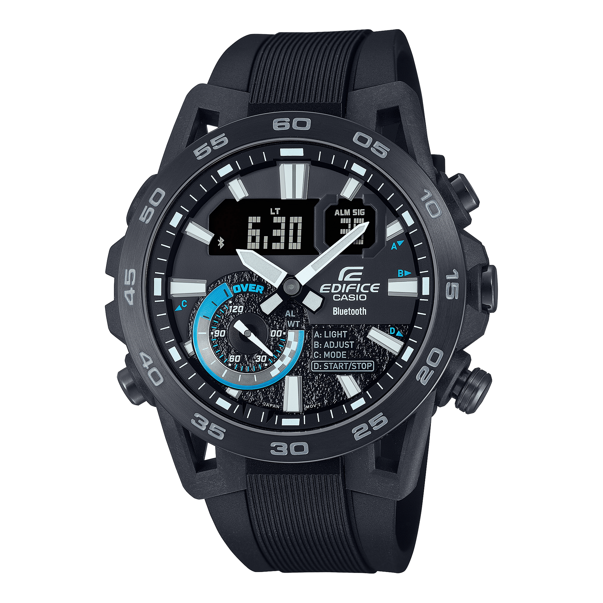 Casio Edifice Herrenuhr, Sportarmband in Schwarz, schwarze Lünette mit Leuchtmarken und Bluetooth-Text
