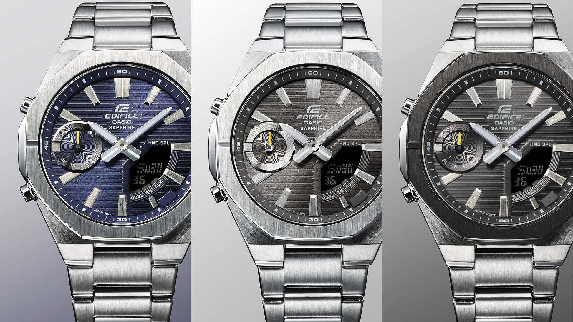 Edifice Herrenuhr Set mit drei Varianten: blau, grau und schwarz