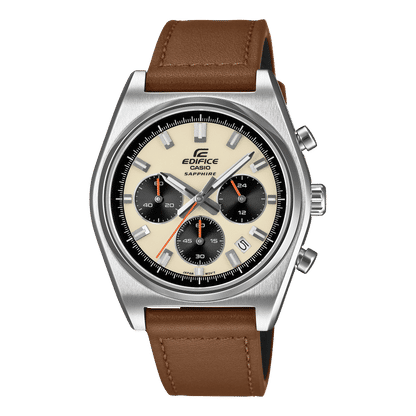 Herren-Chronograph mit beigem Zifferblatt, braunem Lederarmband und runder Stahl-Lünette