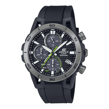 Casio Edifice Herrenuhr, schwarze Lünette mit 30/60 Markierungen und grünen Chrono-Akzenten