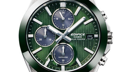 Casio Edifice Herrenuhr, Nahaufnahme: grünes Zifferblatt mit drei Chronograph-Subziffern