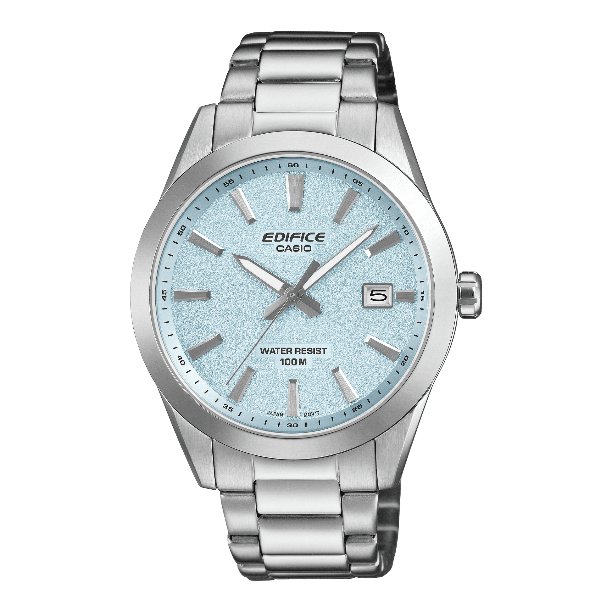 Casio Edifice Herrenarmbanduhr, silbernes Gehäuse mit hellblauem Zifferblatt und Datumsfenster