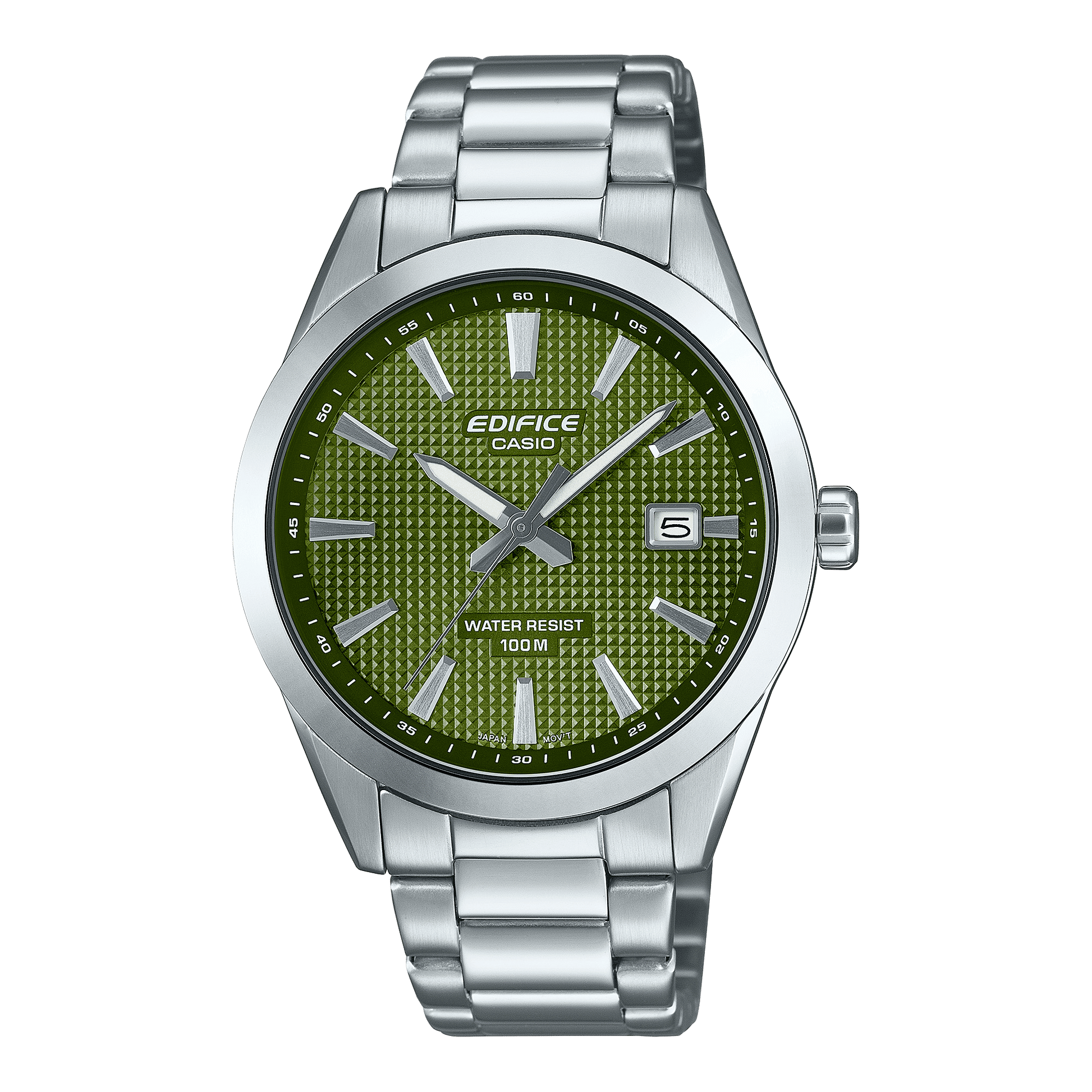 Casio Edifice Herrenarmbanduhr: rundes Gehäuse, grünes Zifferblatt, Metallband, Analoganzeige.