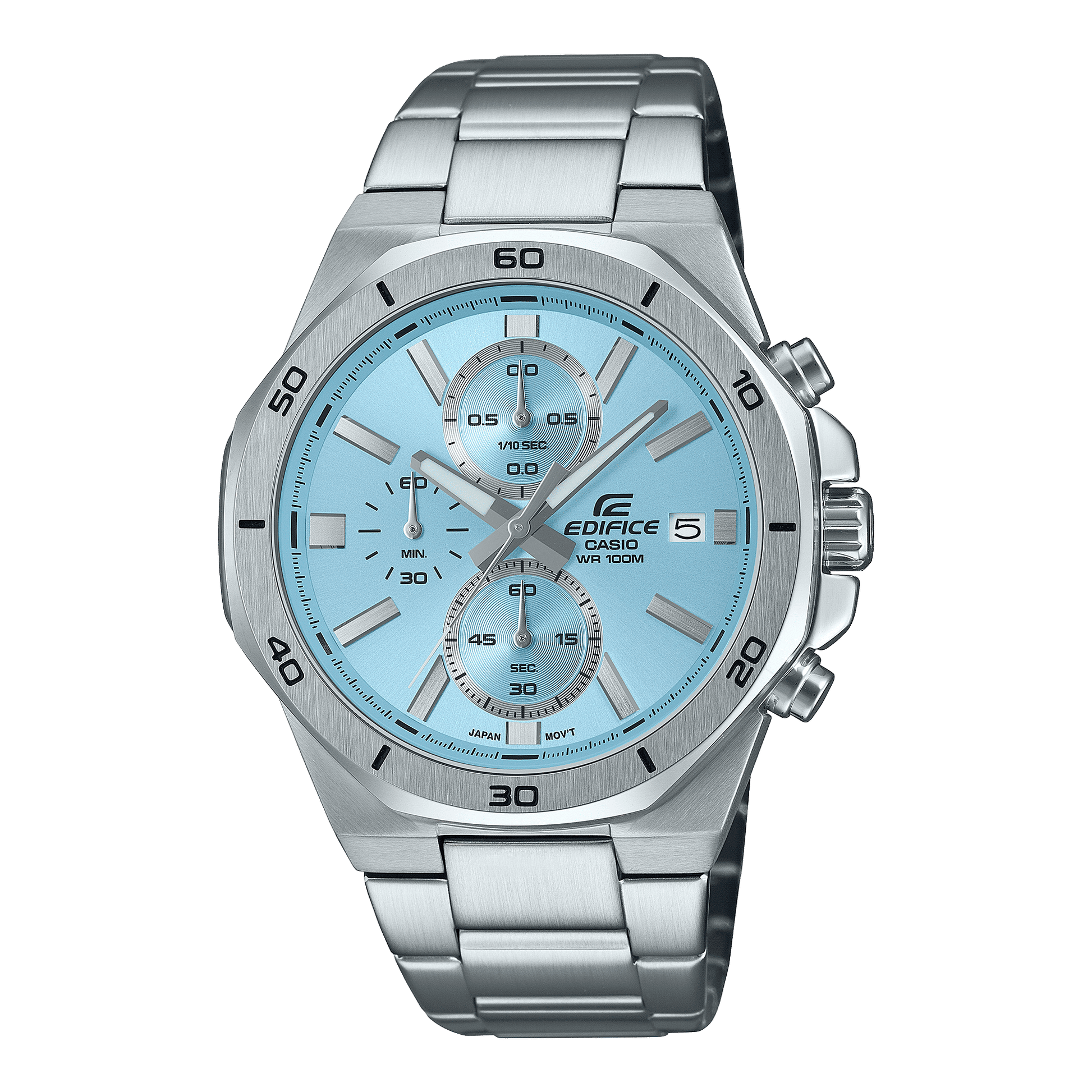 Casio Edifice Herren-Chronographenuhr mit silbernem Edelstahlgehäuse und Chronographen-Subdials