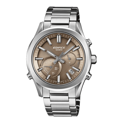Frontansicht: Herrenarmbanduhr mit silbernem Metallband und braunem Zifferblatt mit Subdials