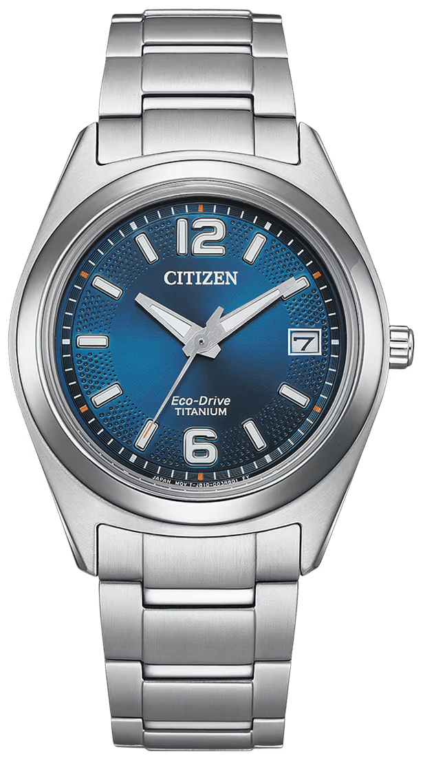 Citizen Damenuhr mit blauem Zifferblatt, silbernes Titanarmband, Eco-Drive