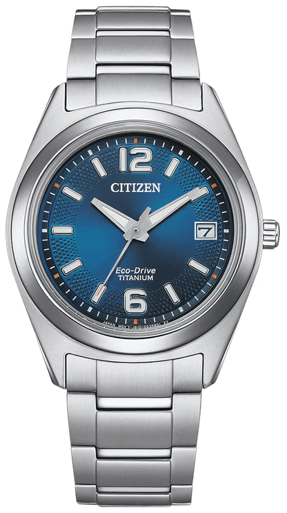 Citizen Damenuhr mit blauem Zifferblatt, silbernes Titanarmband, Eco-Drive
