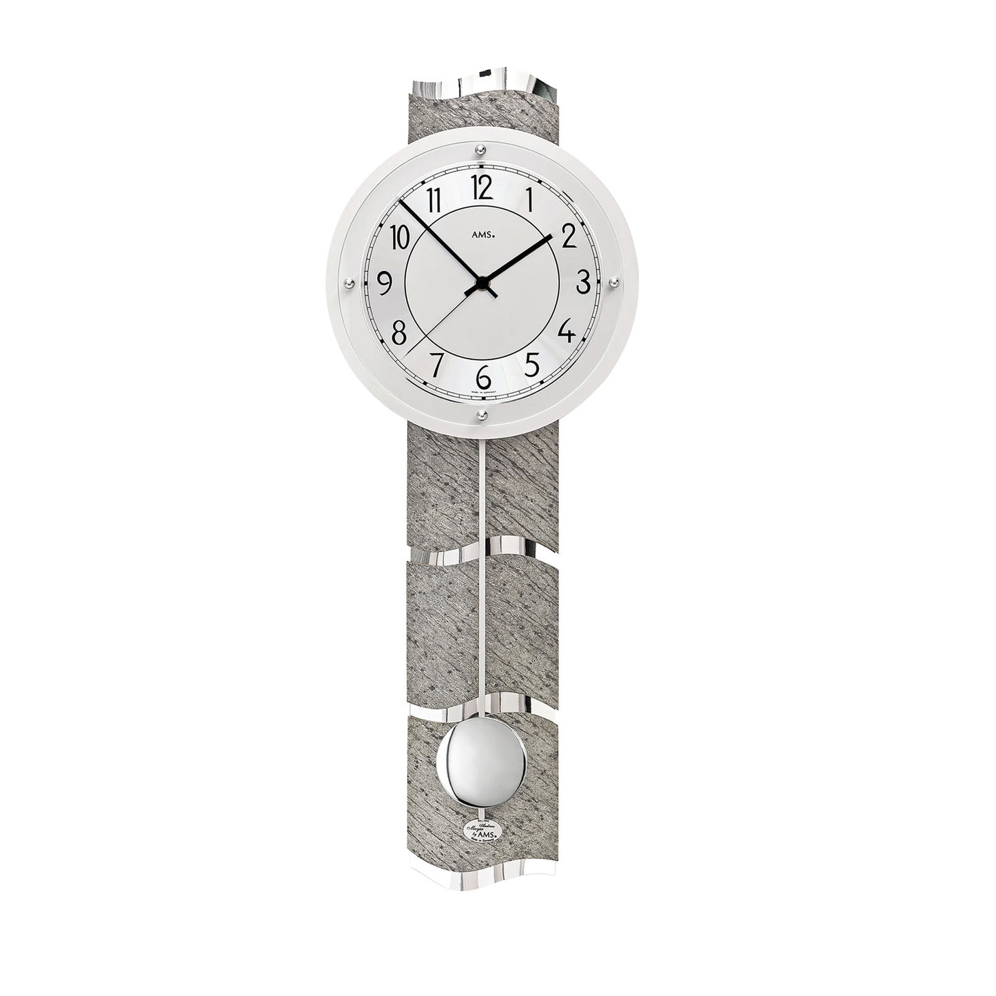 Wanduhr mit weißem Zifferblatt und grauem Naturstein-Pendelwerk
