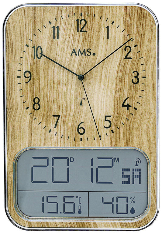AMS F5891 Wanduhr Schiefer • Funk-Automatik • Analog-Digital mit Temperatur