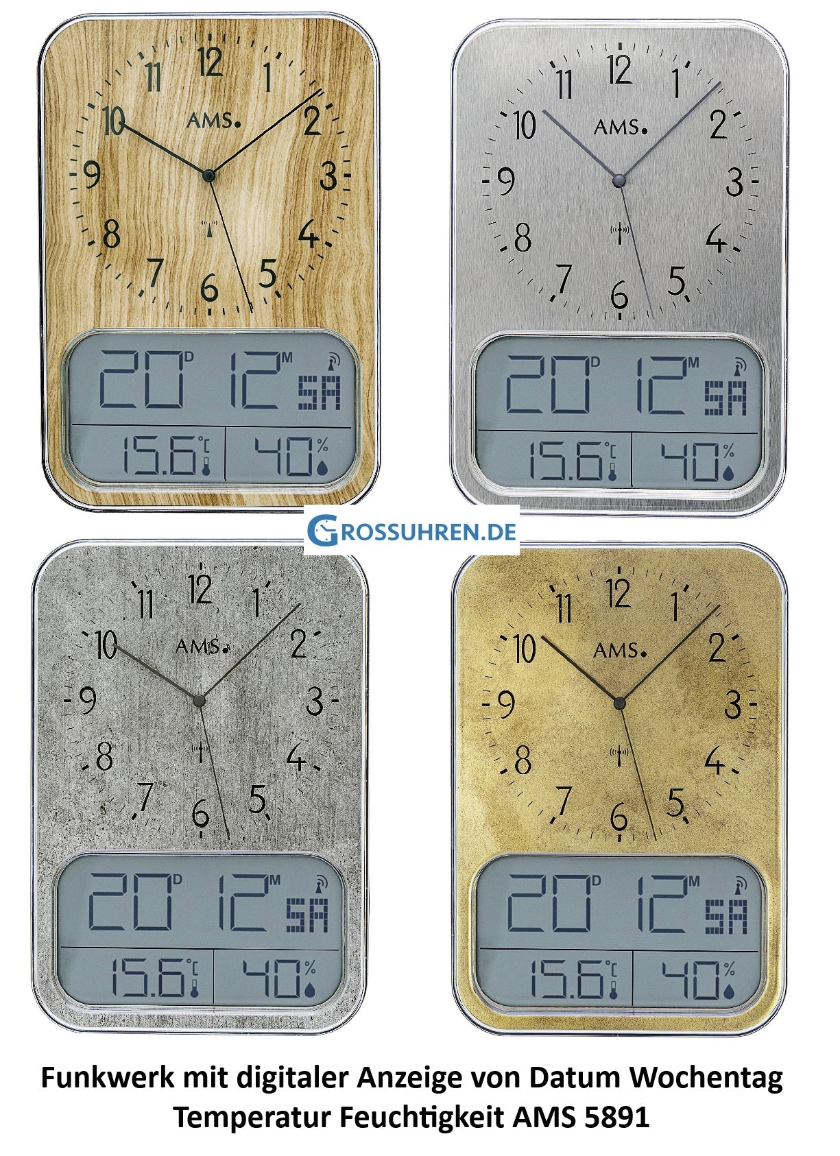 Wanduhr mit Analogzeigern und digitalem LCD-Display für Datum, Temperatur und Feuchte