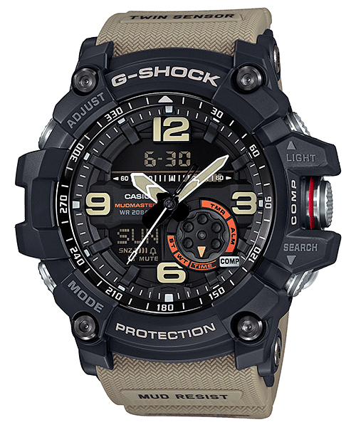G-Shock Mudmaster Herrenarmbanduhr mit schwarzer Lünette, seitlichen Tasten, beigem Band