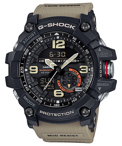 G-Shock Mudmaster Herrenarmbanduhr mit schwarzer Lünette, seitlichen Tasten, beigem Band
