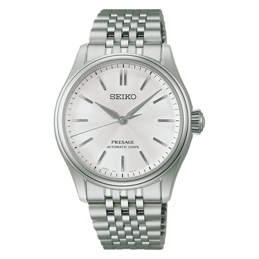 Seiko Presage Herrenarmbanduhr mit silbernem Zifferblatt und Edelstahlarmband