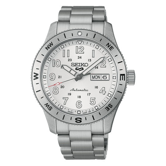 Seiko Armbanduhr mit weißem Zifferblatt und silbernem Metallband, Datumsfenster