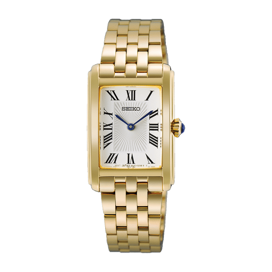 Seiko Damenarmbanduhr goldfarben mit rechteckigem Analogzifferblatt und Metallarmband