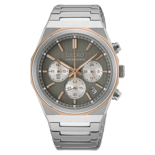 Herren-Chronographenarmbanduhr: silbernes Edelstahlband, zweifarbiges Zifferblatt, 3 Hilfszifferblätter